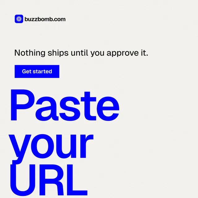 Instagram post for BuzzBomb: "Paste your URL." Swiss style, oversized layout, light palette in white, blue.