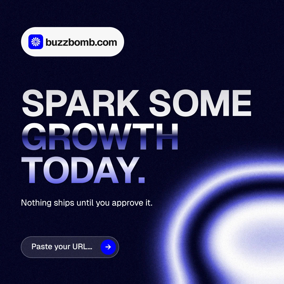 Instagram post for BuzzBomb: "Spark some growth today." Agentic glass style, announce layout, dark palette in black, blue.