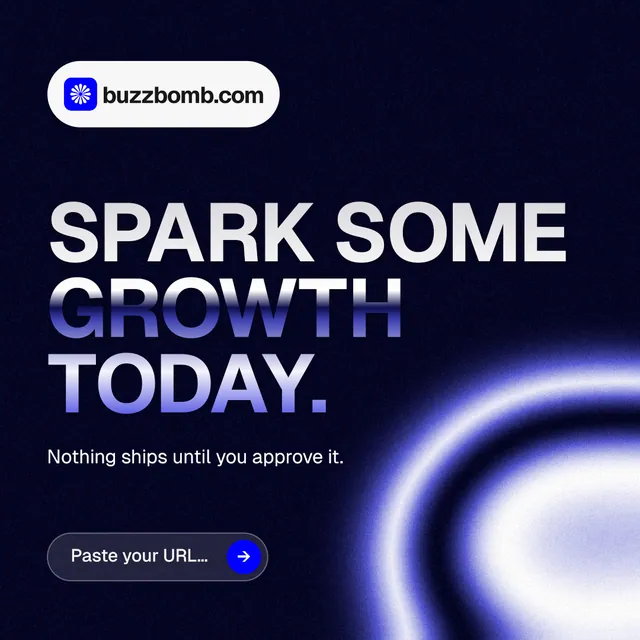 Instagram post for BuzzBomb: "Spark some growth today." Agentic glass style, announce layout, dark palette in black, blue.