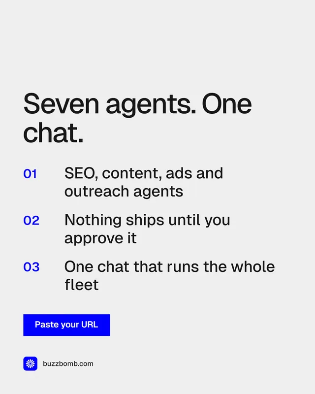 Instagram portrait post for BuzzBomb: "Seven agents. One chat." Swiss style, numbered layout, light palette in white, grey.