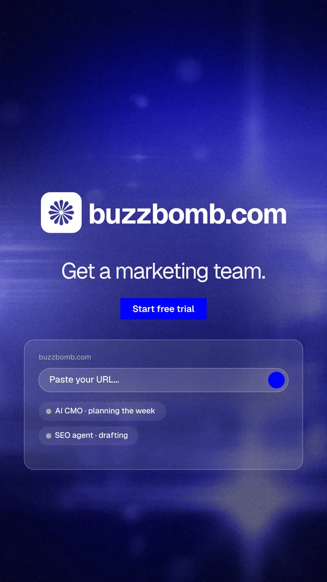 Instagram story for BuzzBomb: "Get a marketing team." Swiss style, logo hero layout, dark palette in blue.