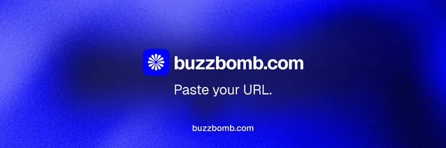 X header for BuzzBomb: "Paste your URL." Swiss style, end card layout, dark palette in blue.