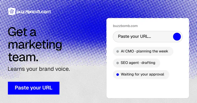 Social ad for BuzzBomb: "Get a marketing team." Swiss style, bottom layout, light palette in white, blue.