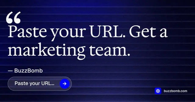 Social ad for BuzzBomb: "Your AI marketing team." Agentic glass style, quote layout, dark palette in black, blue, grey.