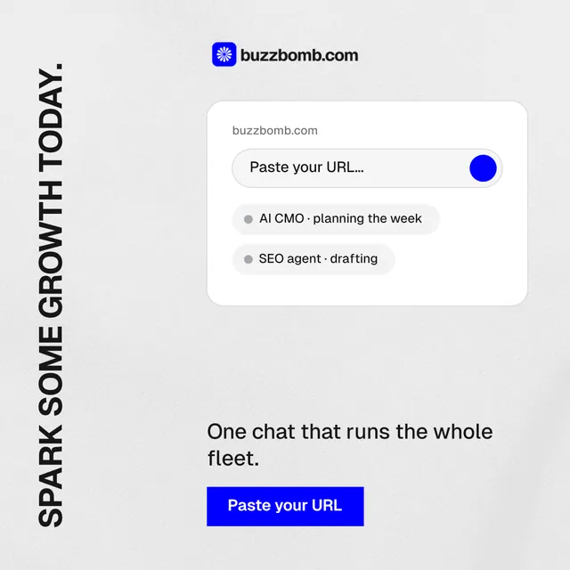 Instagram post for BuzzBomb: "Spark some growth today." Swiss style, vertical layout, light palette in white, blue.