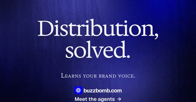 Social ad for BuzzBomb: "Distribution, solved." Swiss style, smallcaps layout, dark palette in blue, black.
