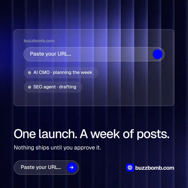 Instagram post for BuzzBomb: "One launch. A week of posts." Agentic glass style, bottom layout, dark palette in black, blue.