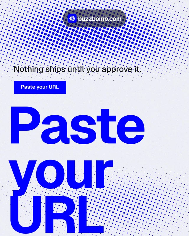 Instagram portrait post for BuzzBomb: "One launch. A week of posts." Swiss style, oversized layout, light palette in blue, white.