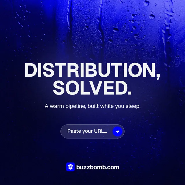 Instagram post for BuzzBomb: "Distribution, solved." Agentic glass style, centred layout, dark palette in black, blue.
