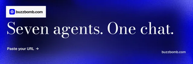 X header for BuzzBomb: "Seven agents. One chat." Minimal luxury style, poster layout, dark palette in blue.