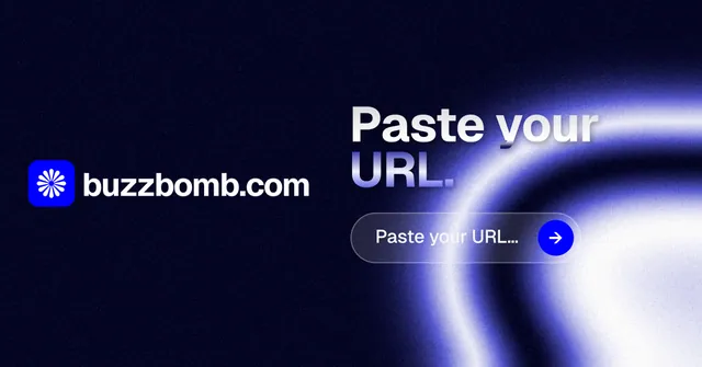 Social ad for BuzzBomb: "Paste your URL." Agentic glass style, logo hero layout, dark palette in black, blue.
