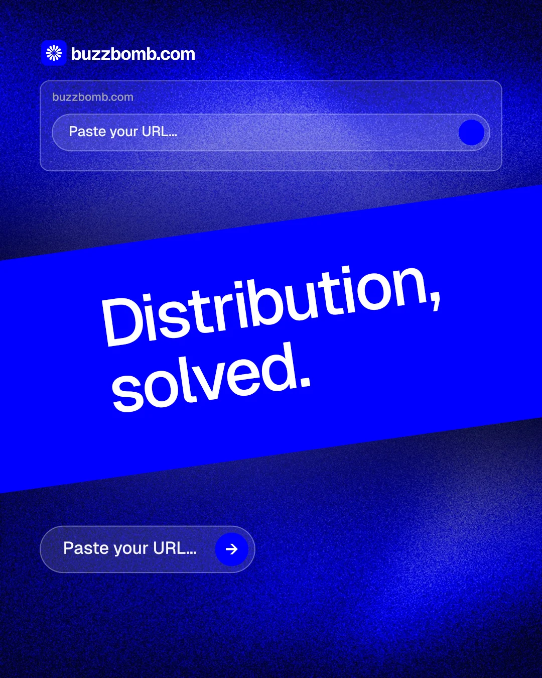 Instagram portrait post for BuzzBomb: "Distribution, solved." Agentic glass style, diagonal layout, dark palette in blue.