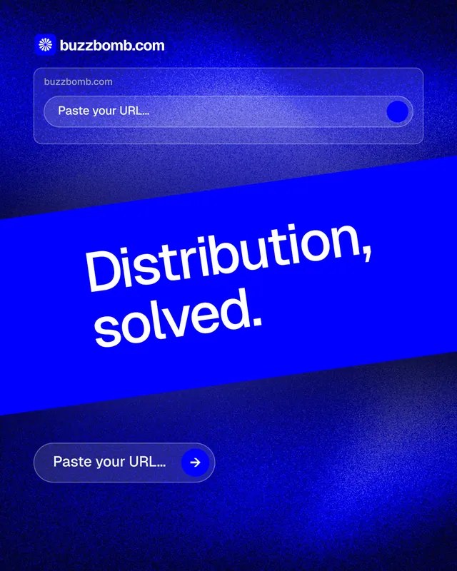 Instagram portrait post for BuzzBomb: "Distribution, solved." Agentic glass style, diagonal layout, dark palette in blue.