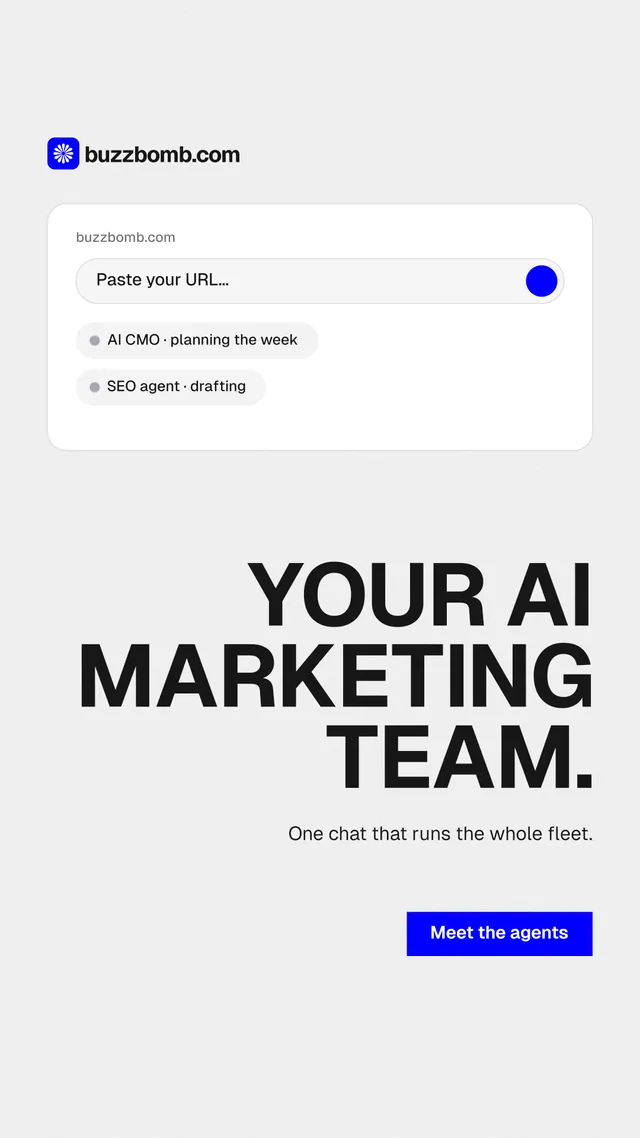 Instagram story for BuzzBomb: "Your AI marketing team." Swiss style, right layout, light palette in white, grey.