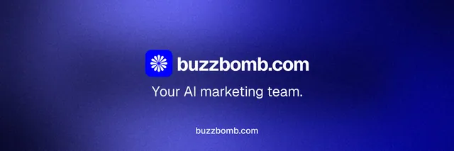 X header for BuzzBomb: "Your AI marketing team." Swiss style, end card layout, dark palette in blue.