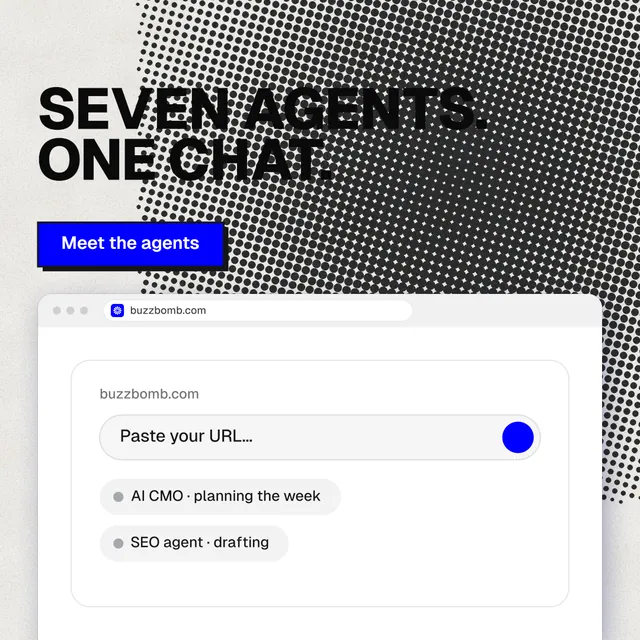 Instagram post for BuzzBomb: "Seven agents. One chat." Brutalist style, browser layout, light palette in grey, white.