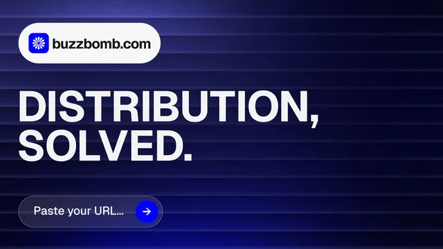 Landscape graphic for BuzzBomb: "Distribution, solved." Agentic glass style, announce layout, dark palette in blue, black, grey.
