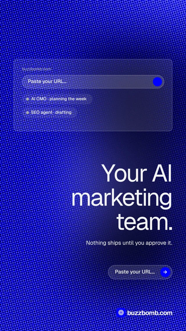 Instagram story for BuzzBomb: "Your AI marketing team." Agentic glass style, right layout, dark palette in blue.