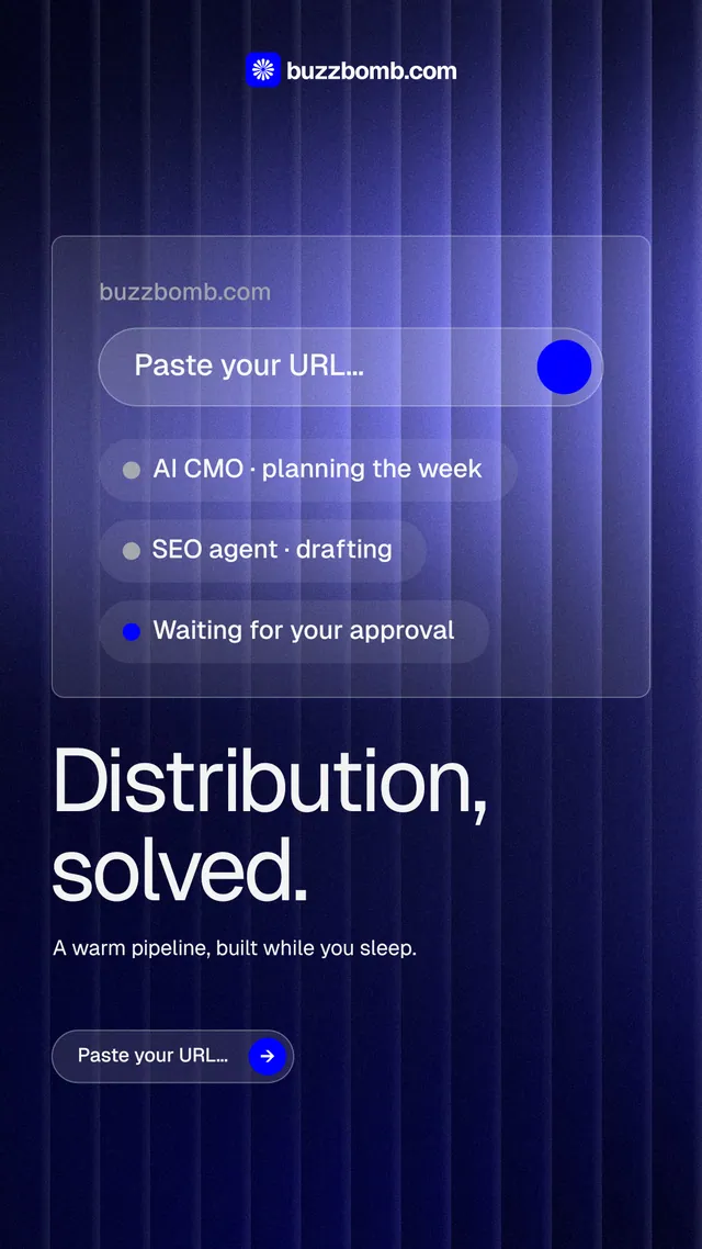 Instagram story for BuzzBomb: "Distribution, solved." Agentic glass style, bottom layout, dark palette in blue, black.