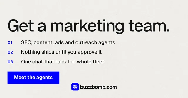 Social ad for BuzzBomb: "Get a marketing team." Swiss style, numbered layout, light palette in white, blue.