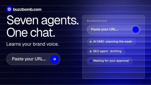 Landscape graphic for BuzzBomb: "Seven agents. One chat." Agentic glass style, skeleton layout, dark palette in black, blue.