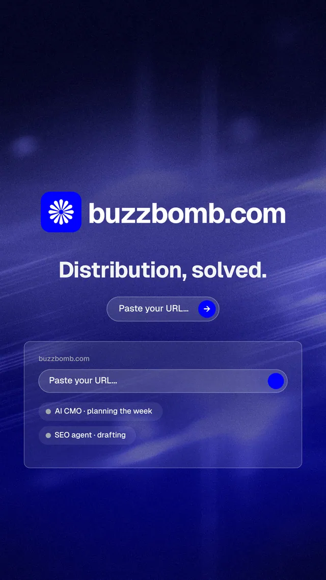 Instagram story for BuzzBomb: "Distribution, solved." Agentic glass style, logo hero layout, dark palette in black, blue.