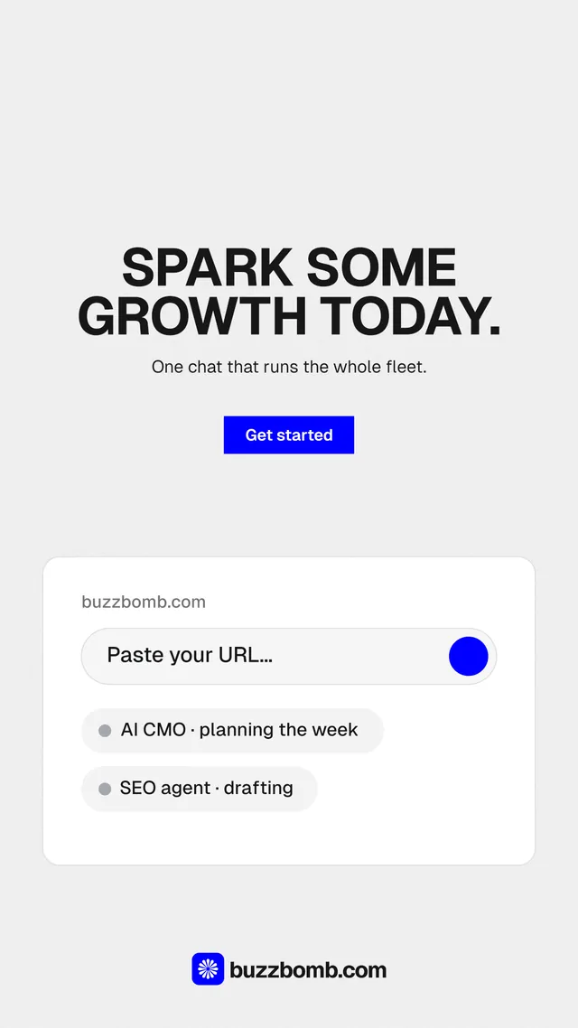 Instagram story for BuzzBomb: "Spark some growth today." Swiss style, centred layout, light palette in white.