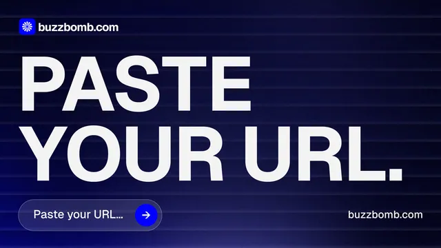 Landscape graphic for BuzzBomb: "Paste your URL." Agentic glass style, poster layout, dark palette in black, blue, white.