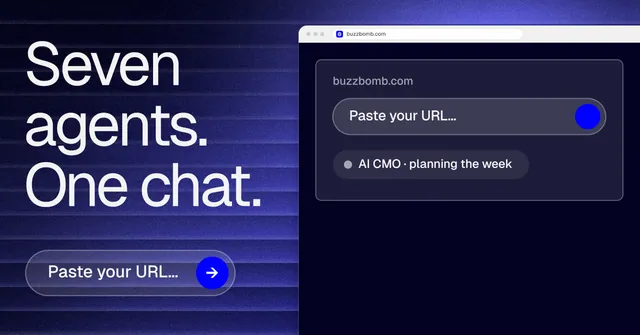Social ad for BuzzBomb: "Seven agents. One chat." Agentic glass style, browser layout, dark palette in blue, black, grey.