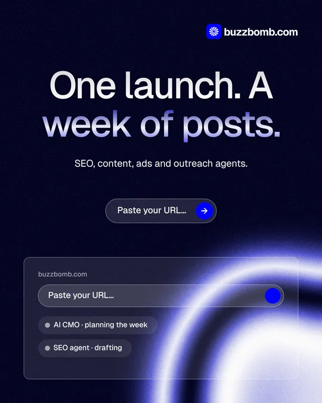 Instagram portrait post for BuzzBomb: "One launch. A week of posts." Agentic glass style, centred layout, dark palette in black, blue.