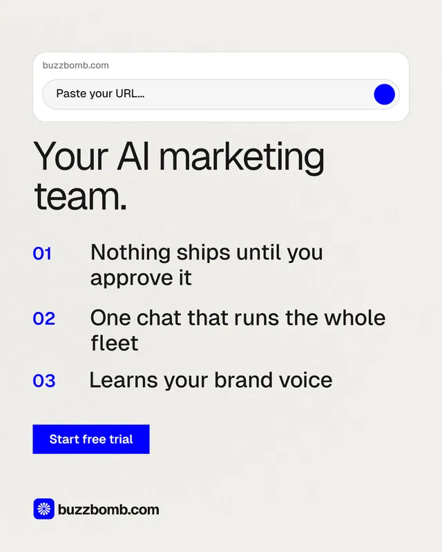 Instagram portrait post for BuzzBomb: "Your AI marketing team." Swiss style, numbered layout, light palette in white, grey.