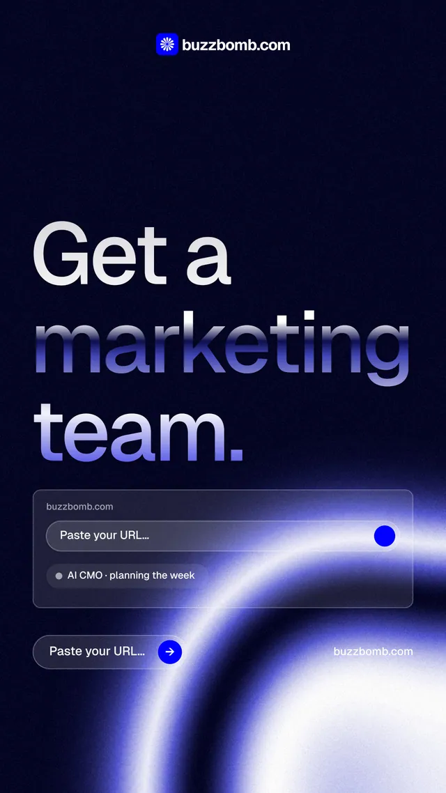 Instagram story for BuzzBomb: "Get a marketing team." Agentic glass style, poster layout, dark palette in black, blue.