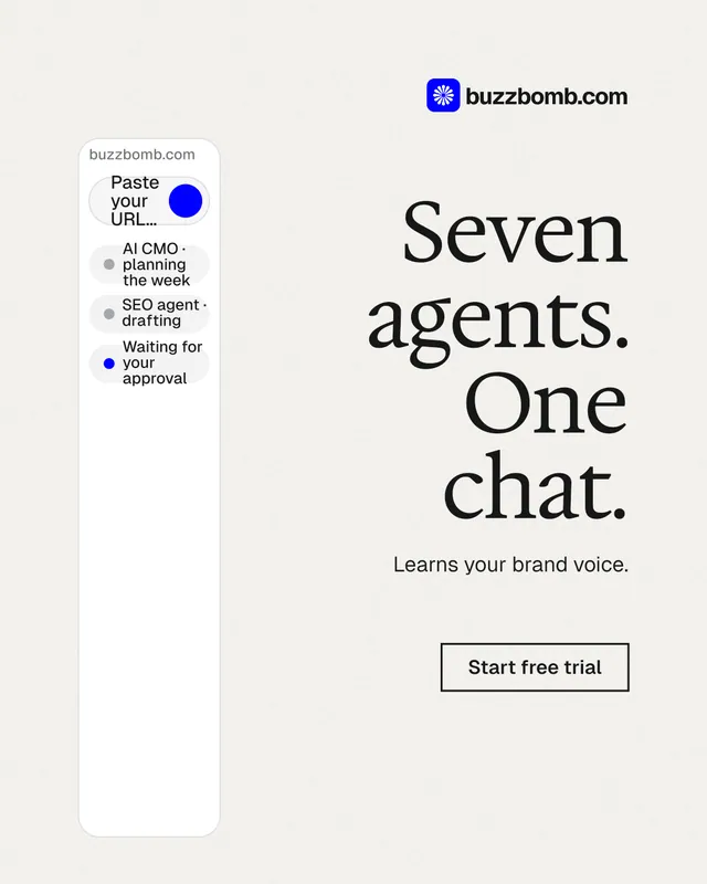 Instagram portrait post for BuzzBomb: "Seven agents. One chat." Editorial style, right layout, light palette in white.