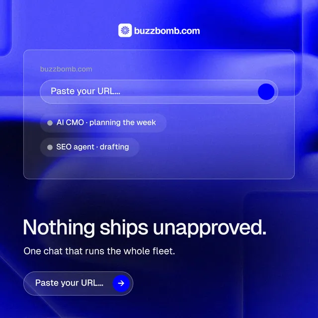 Instagram post for BuzzBomb: "Nothing ships unapproved." Agentic glass style, bottom layout, dark palette in blue.