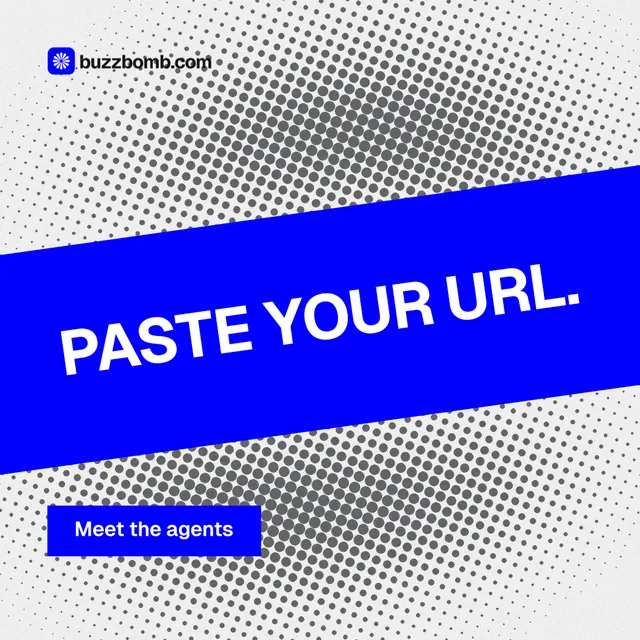 Instagram post for BuzzBomb: "Paste your URL." Split block style, diagonal layout, light palette in blue, grey, white.