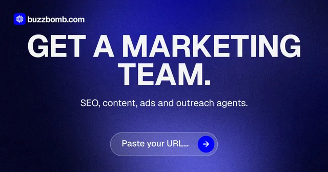 Social ad for BuzzBomb: "Get a marketing team." Agentic glass style, centred layout, dark palette in black, blue.