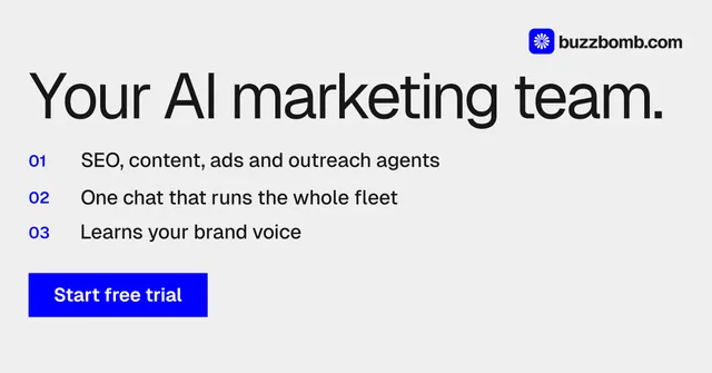 Social ad for BuzzBomb: "Your AI marketing team." Swiss style, numbered layout, light palette in white, blue.