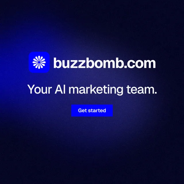 Instagram post for BuzzBomb: "Your AI marketing team." Swiss style, logo hero layout, dark palette in black, blue.