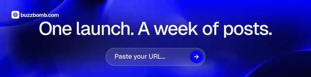 LinkedIn banner for BuzzBomb: "One launch. A week of posts." Agentic glass style, skeleton layout, dark palette in blue.