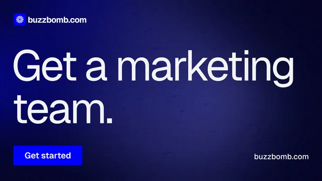 Landscape graphic for BuzzBomb: "Get a marketing team." Swiss style, poster layout, dark palette in black, blue.