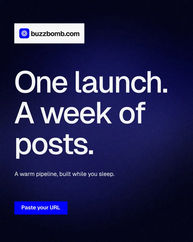 Instagram portrait post for BuzzBomb: "One launch. A week of posts." Swiss style, announce layout, dark palette in black, blue, grey.
