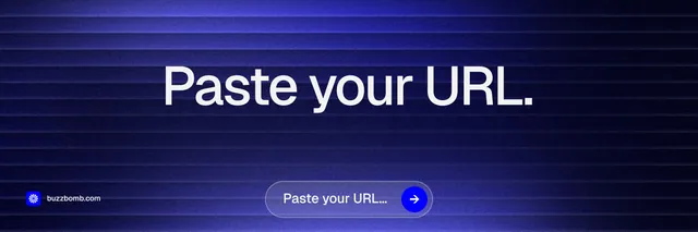 X header for BuzzBomb: "Paste your URL." Agentic glass style, centred layout, dark palette in blue, black.