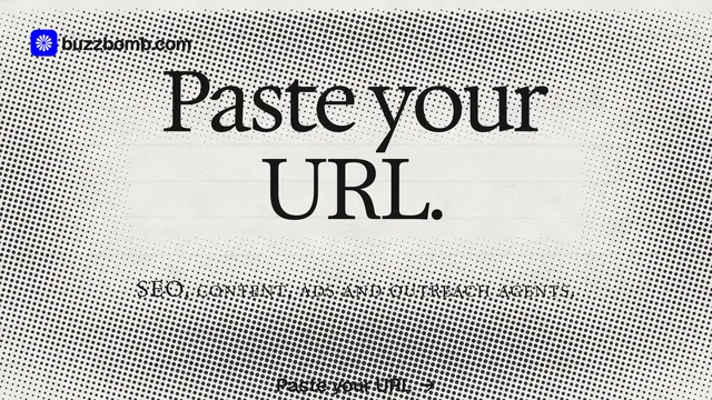 Landscape graphic for BuzzBomb: "Paste your URL." Swiss style, smallcaps layout, light palette in grey, white.