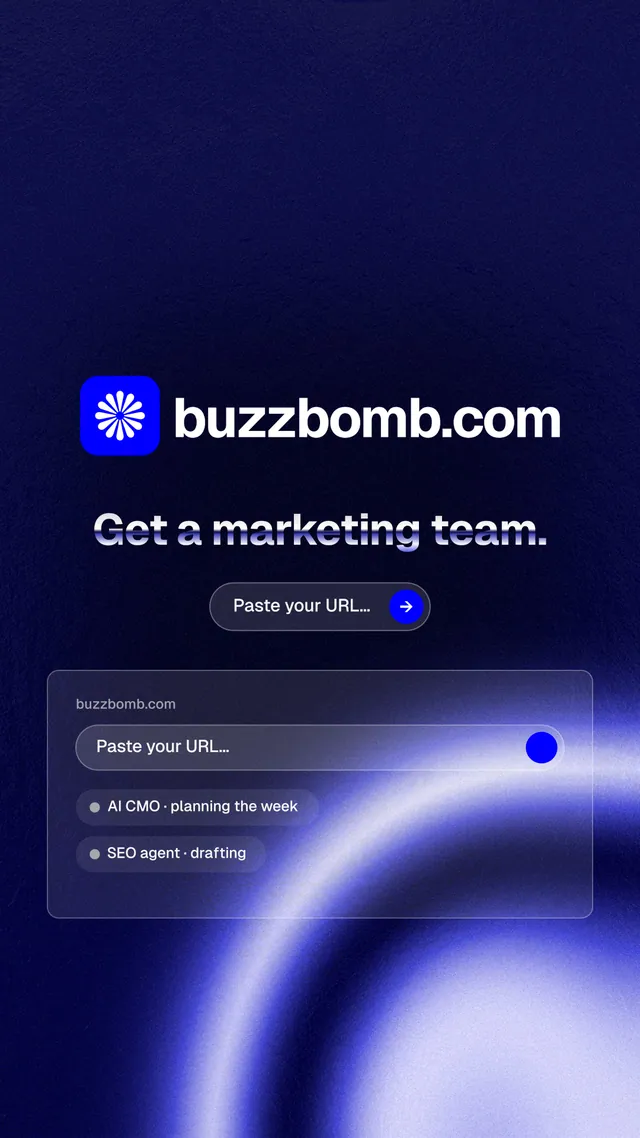 Instagram story for BuzzBomb: "Get a marketing team." Agentic glass style, logo hero layout, dark palette in blue, black.