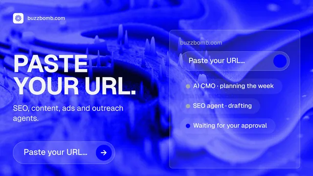 Landscape graphic for BuzzBomb: "Paste your URL." Agentic glass style, bottom layout, dark palette in blue.