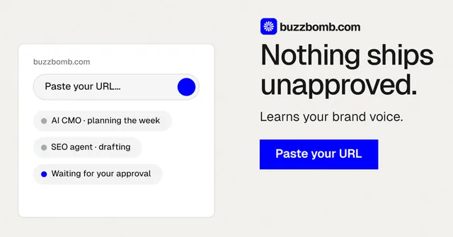 Social ad for BuzzBomb: "Nothing ships unapproved." Swiss style, skeleton layout, light palette in white, blue.