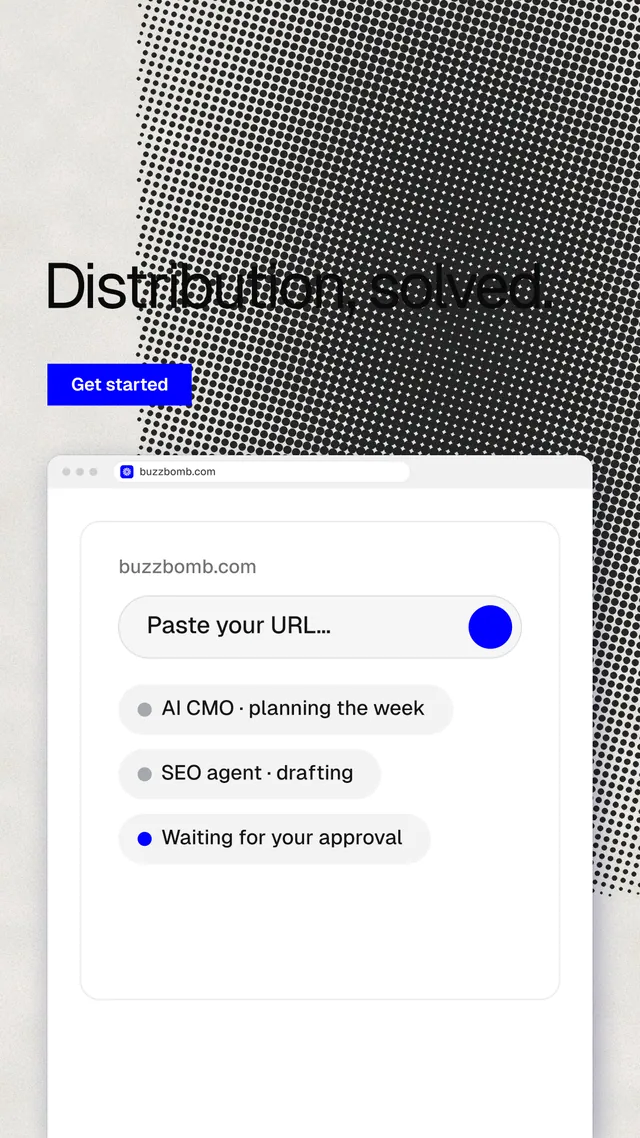 Instagram story for BuzzBomb: "Distribution, solved." Swiss style, browser layout, light palette in white, grey.