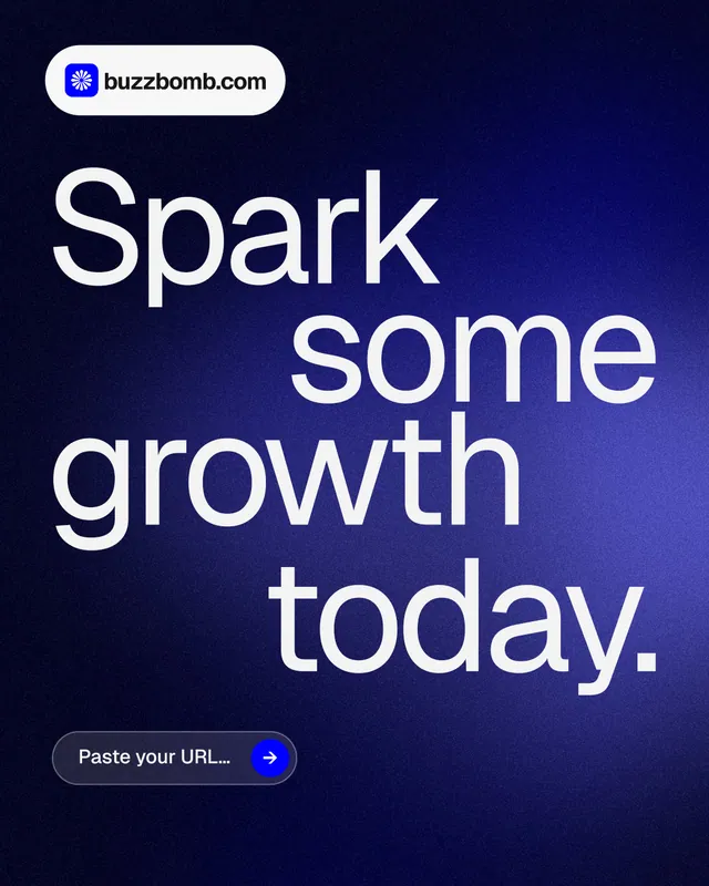 Instagram portrait post for BuzzBomb: "Spark some growth today." Agentic glass style, stacked layout, dark palette in black, blue, grey.