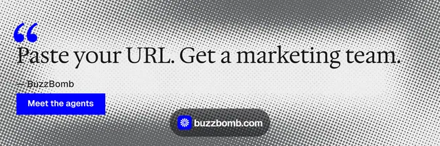 X header for BuzzBomb: "One launch. A week of posts." Swiss style, quote layout, light palette in grey, white.