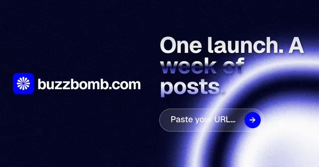 Social ad for BuzzBomb: "One launch. A week of posts." Agentic glass style, logo hero layout, dark palette in black, blue.